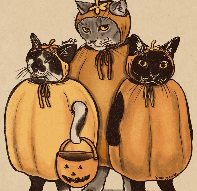Cute cats in pumpkin costumes, drawing